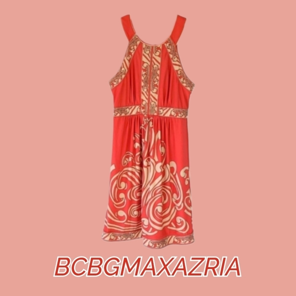 BCBG Max Azria Vintage Orange Coral Romantic Dress Greek Style Print Dress - Picture 6 of 6